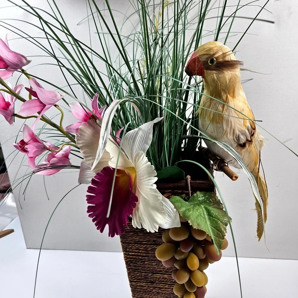 Floral‎ Wall Decor OS Brown Pink Tropical Orchid Bird Tiki Arrangement Beach